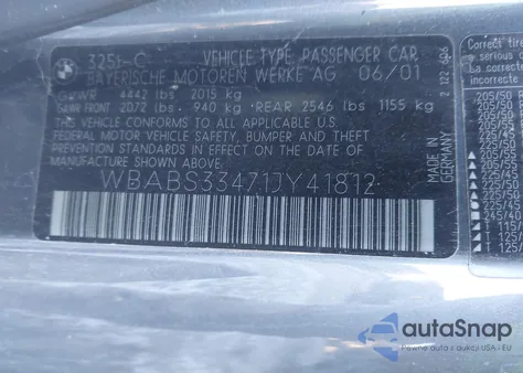 2001 BMW 325Ci z USA, uszkodzony, nr VIN WBABS33471BY41612